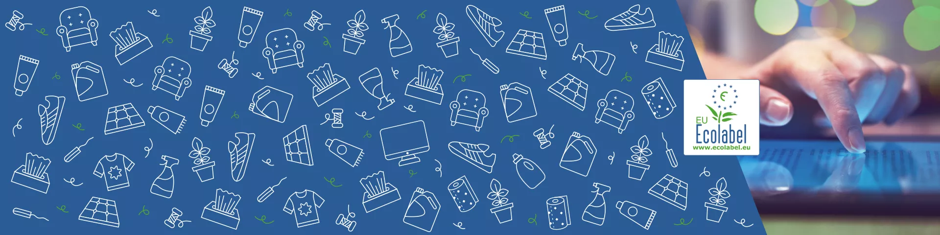 Icons of diverse product groups, accompanied by a photo presenting store shelves with items and the EU Ecolabel logo