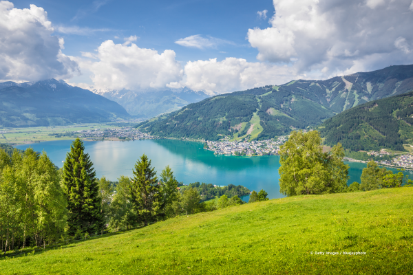 Lake, mountain and forest landscape.