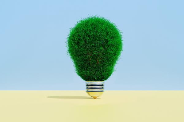 A lightbulb covered in green grass standing upright against a blue and cream coloured background