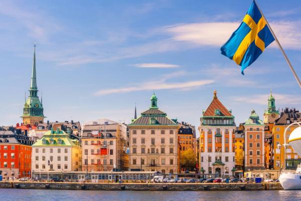 View of stockholm from the sea. In the picture we may see several buildings and a Swedish flag on the side